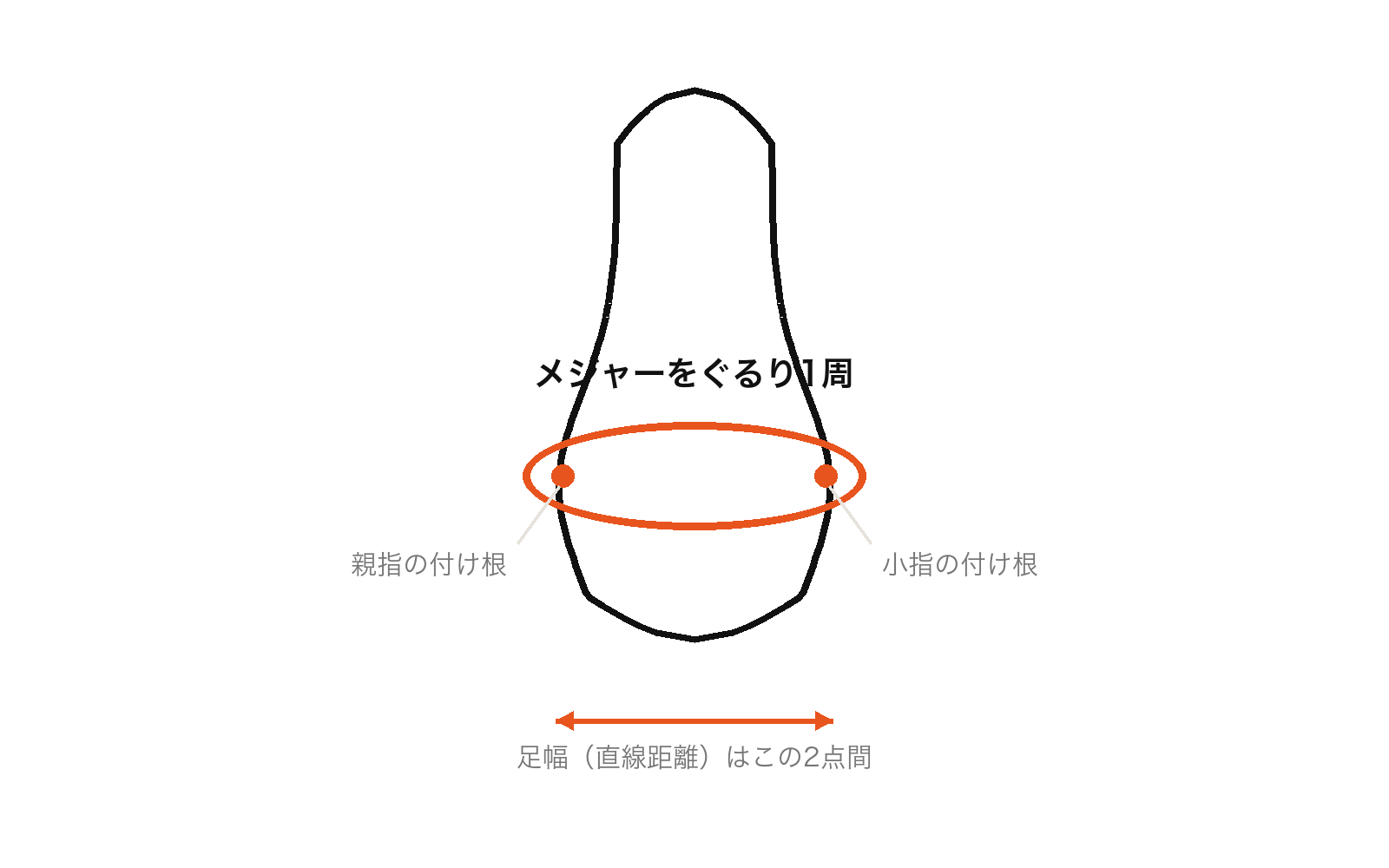 足囲の測り方図解:親指の付け根と小指の付け根を通るようにメジャーをぐるり1周巻いて測る